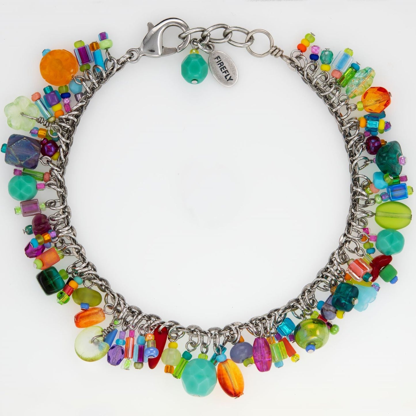 Colorful beaded bracelet with a silver clasp on a white background