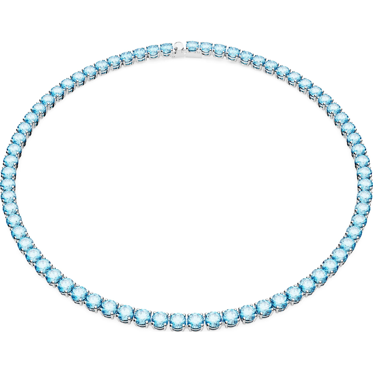 A rhodium-plated tennis necklace with round cut blue crystals