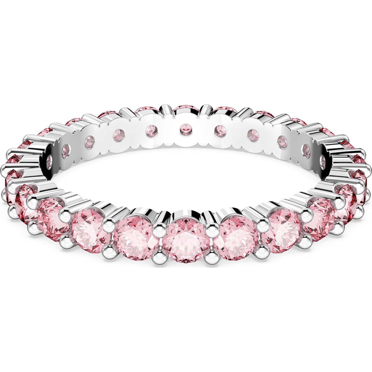 A rhodium-plated ring with round cut pink stones set around its entire circumference.