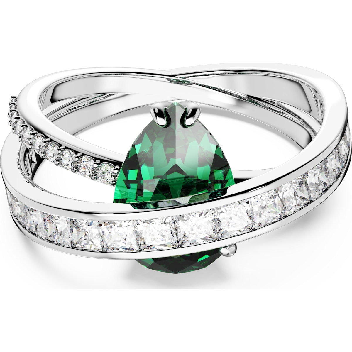 Hyperbola cocktail ring, Carbon neutral zirconia, Mixed cuts, Double bands, Green, Rhodium plated