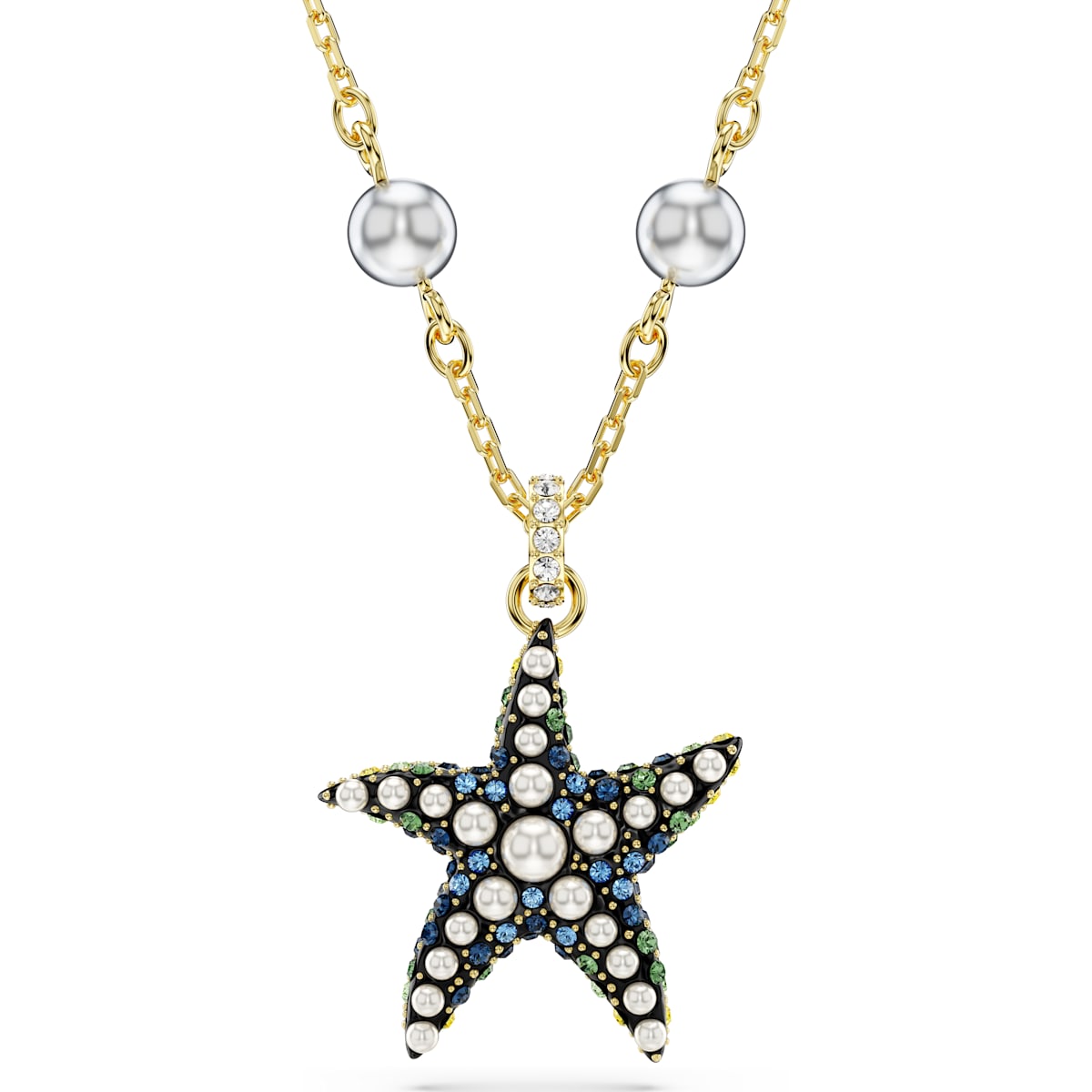 A gold-tone plated necklace with a multicolored crystal pearl starfish pendant.