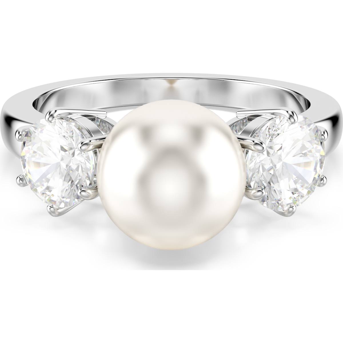 A rhodium-plated ring with a central white pearl and two round-cut crystals on either side.