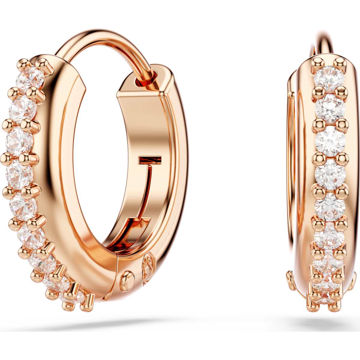 A pair of rose gold-tone plated hoop earrings with round cut and white Swarovski crystals.
