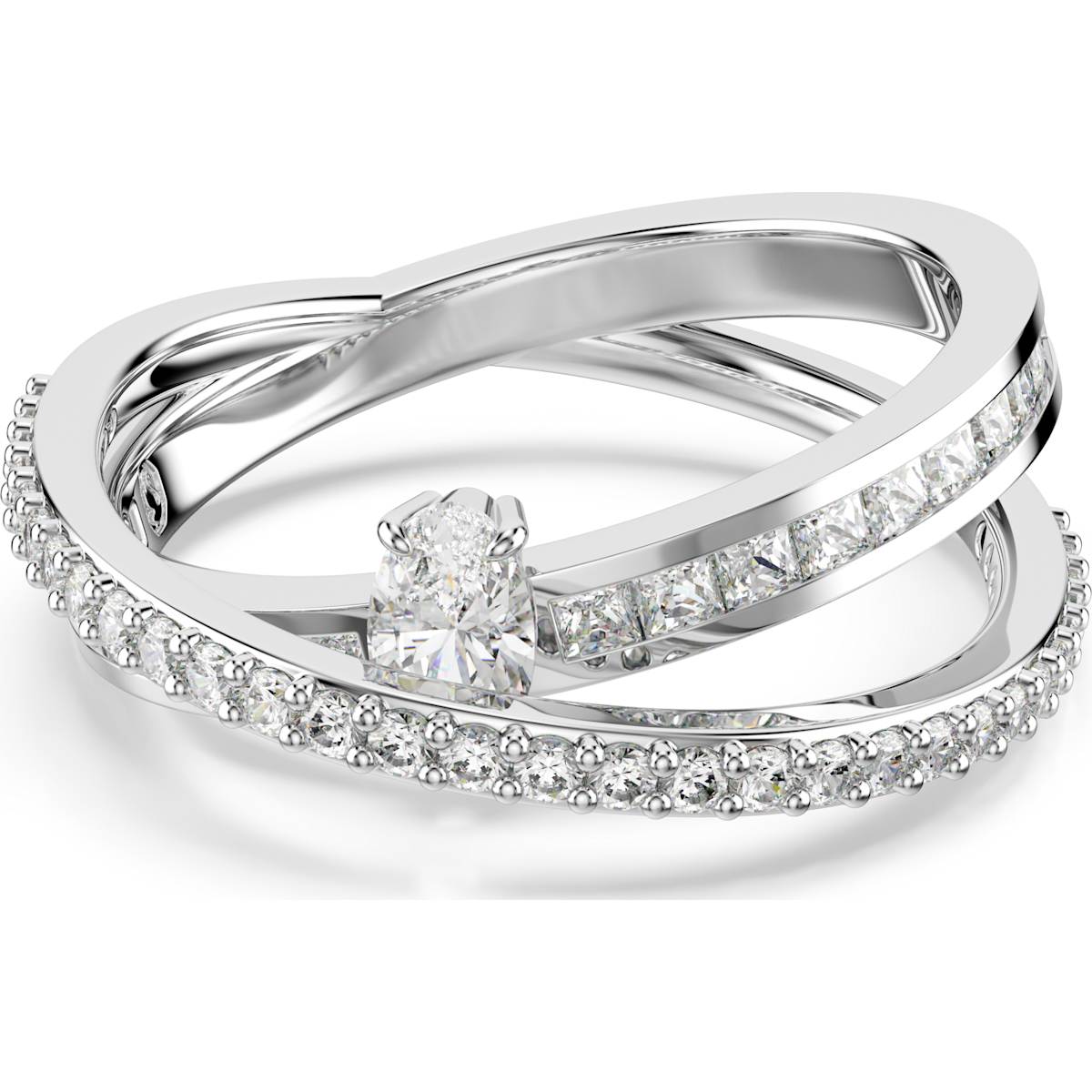 Hyperbola ring, Mixed cuts, White, Rhodium plated