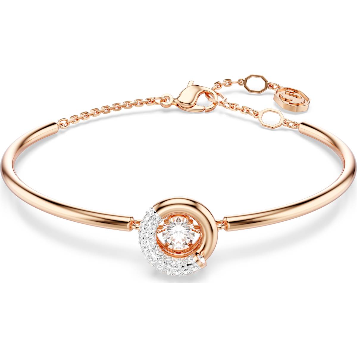 A white and rose gold-tone plated bangle bracelet with a round cut crystal centerpiece and adjustable chain.
