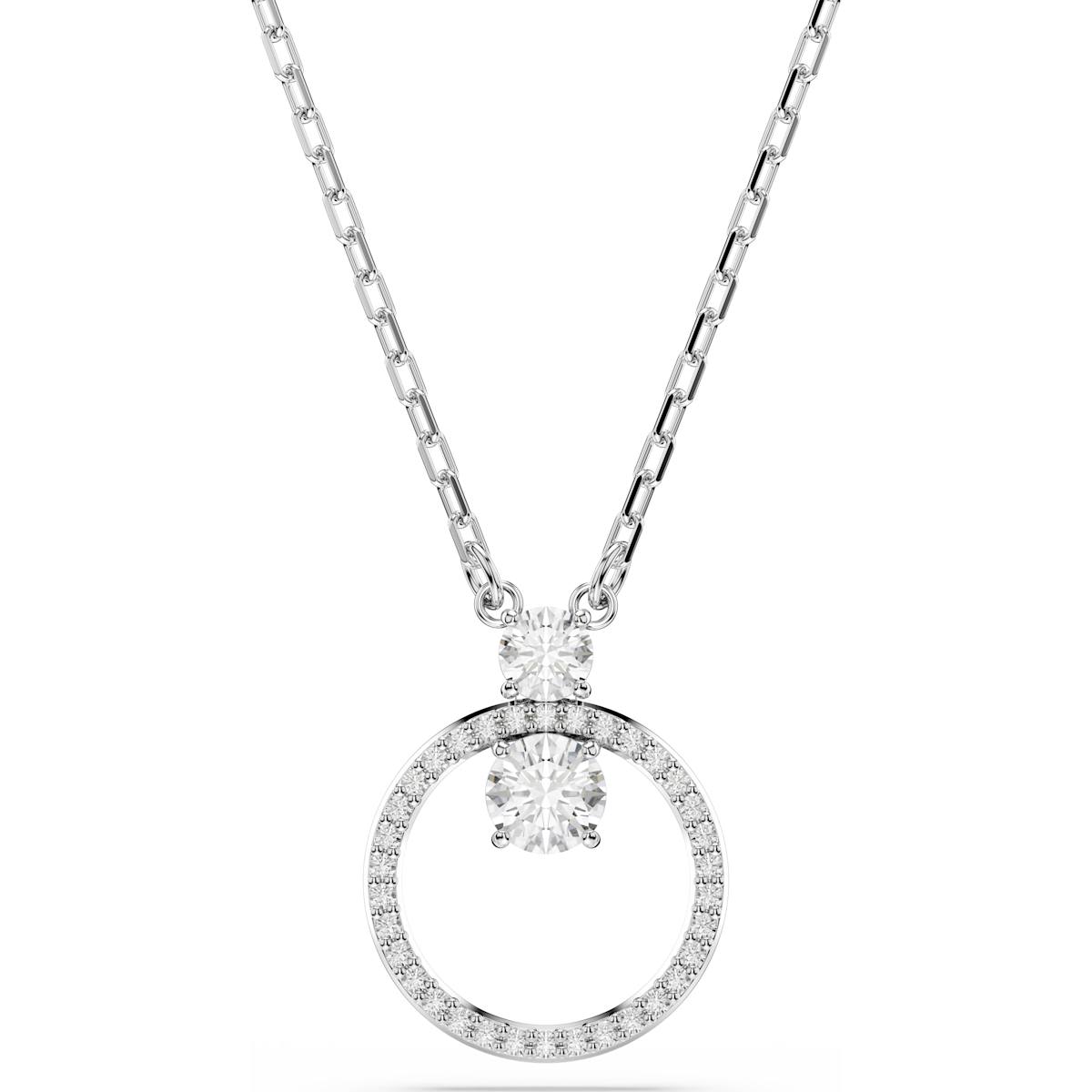 A rhodium-plated silver pendant with a round cut white crystal, attached to a silver chain.