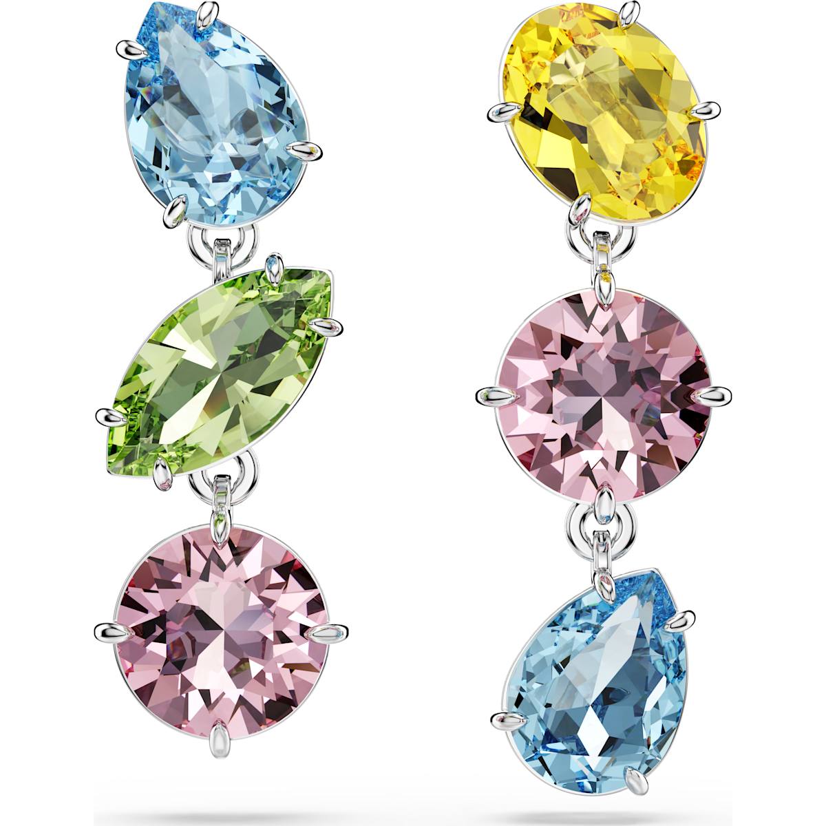 Gema drop earrings, Asymmetrical design, Mixed cuts, Multicolored, Rhodium plated 5692406