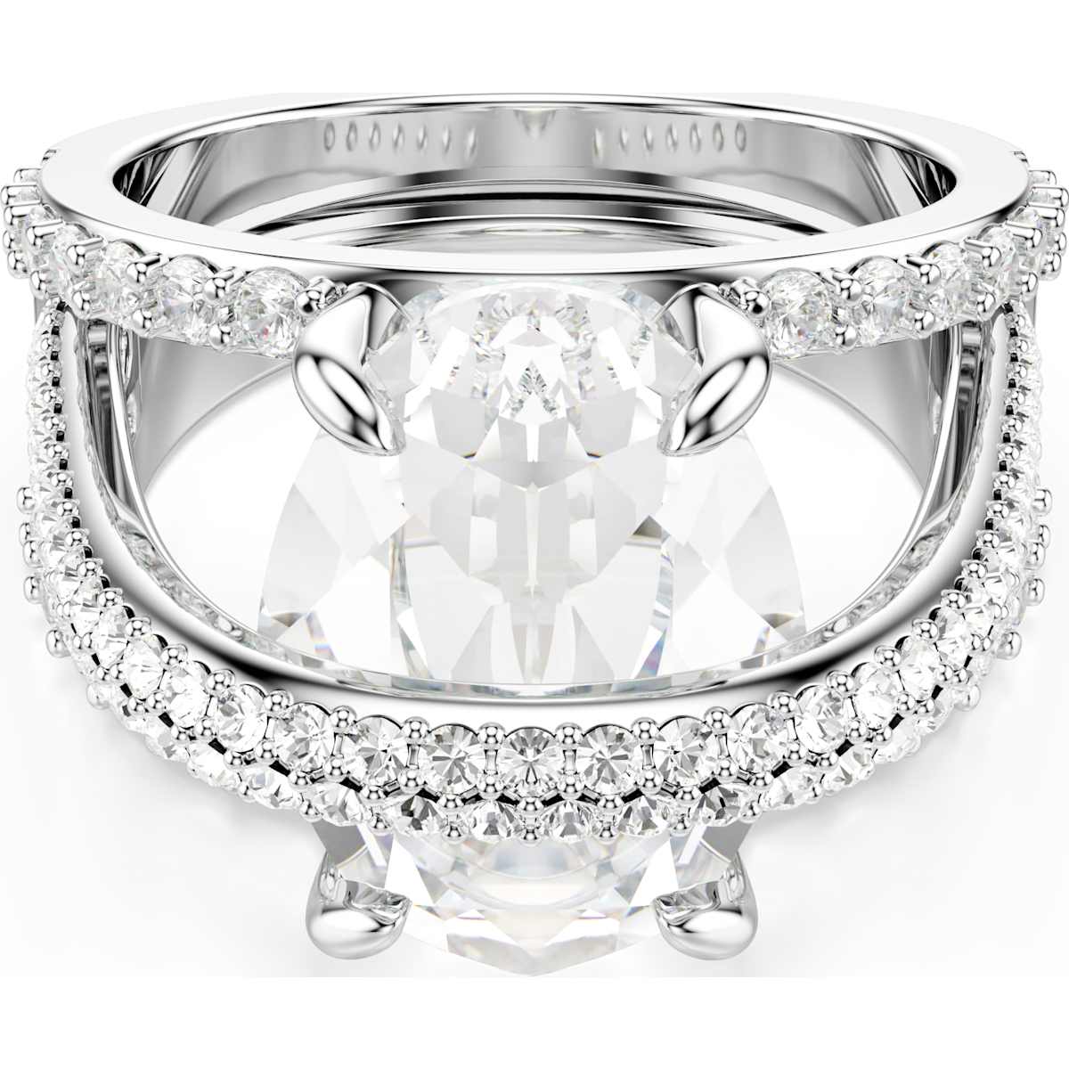 A white rhodium-plated cocktail ring with mixed cuts of crystal set in a band, featuring a prominent central diamond surrounded by smaller ones, all encased in a rhodium-plated band.