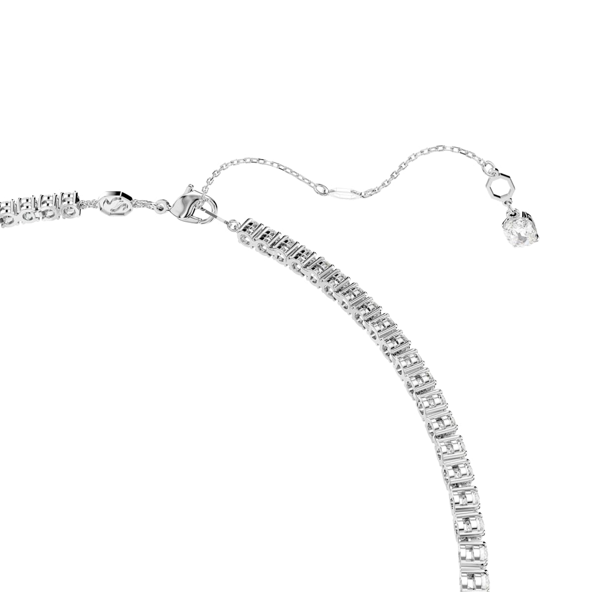 Silver necklace with clear gemstones on a white background