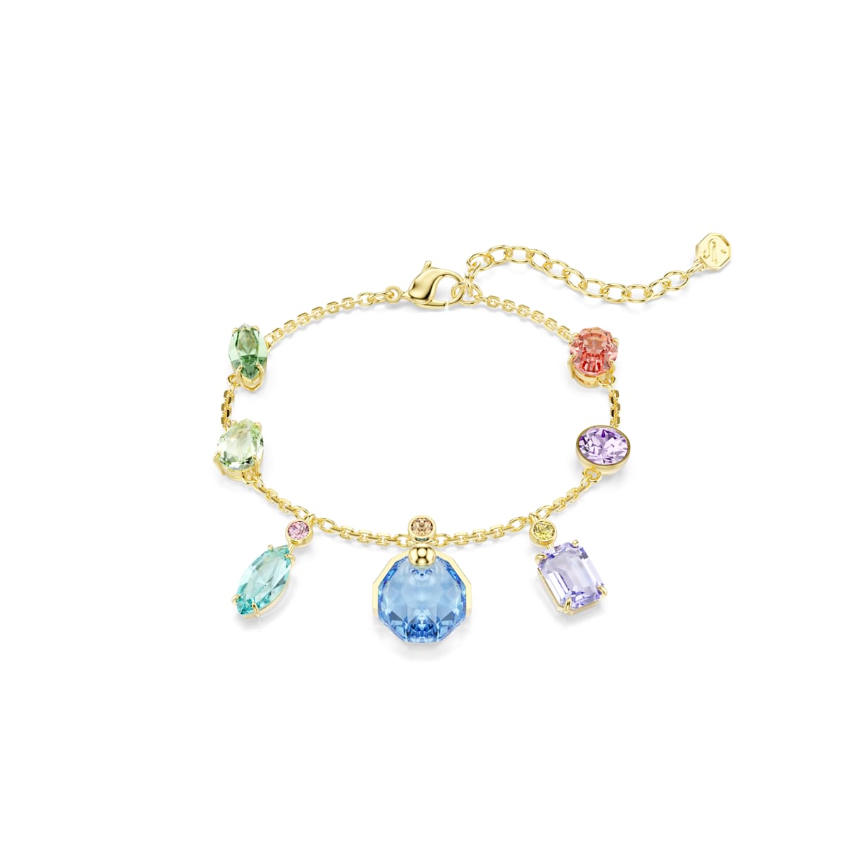 Gold bracelet with colorful gemstones on a white background