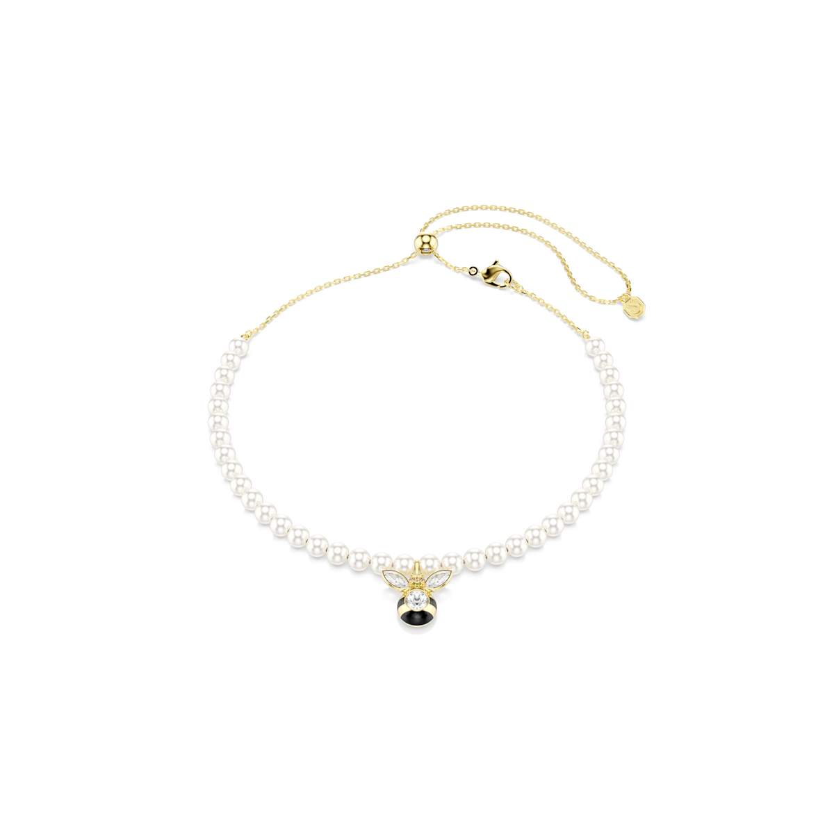 Pearl necklace with a black and gold pendant on a white background