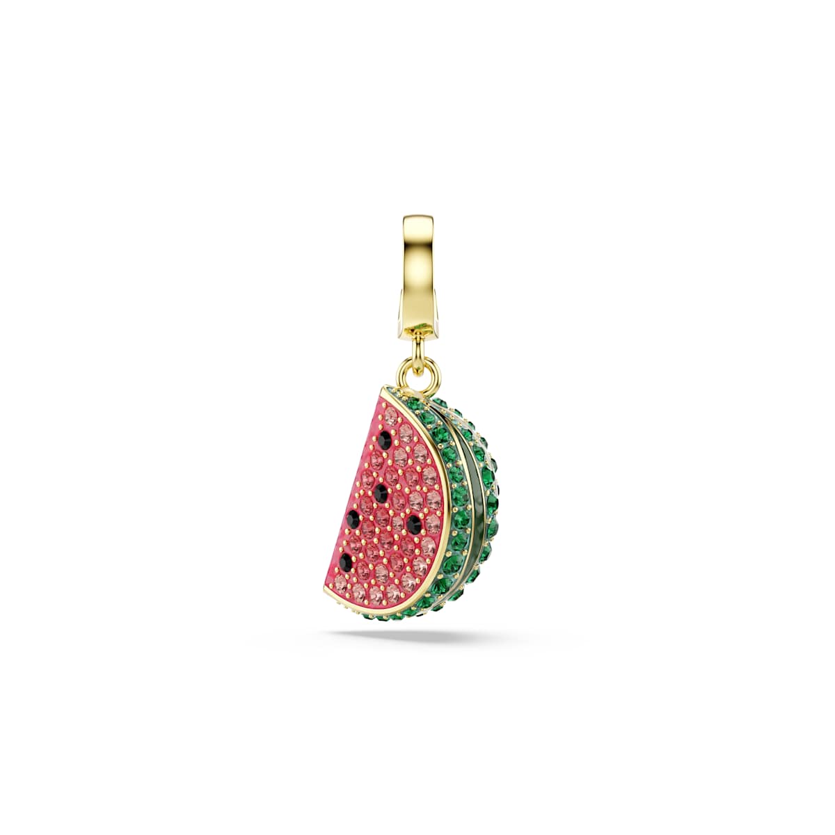Gold tone charm shaped like a watermelon slice with red, green, and black gemstones on a white background