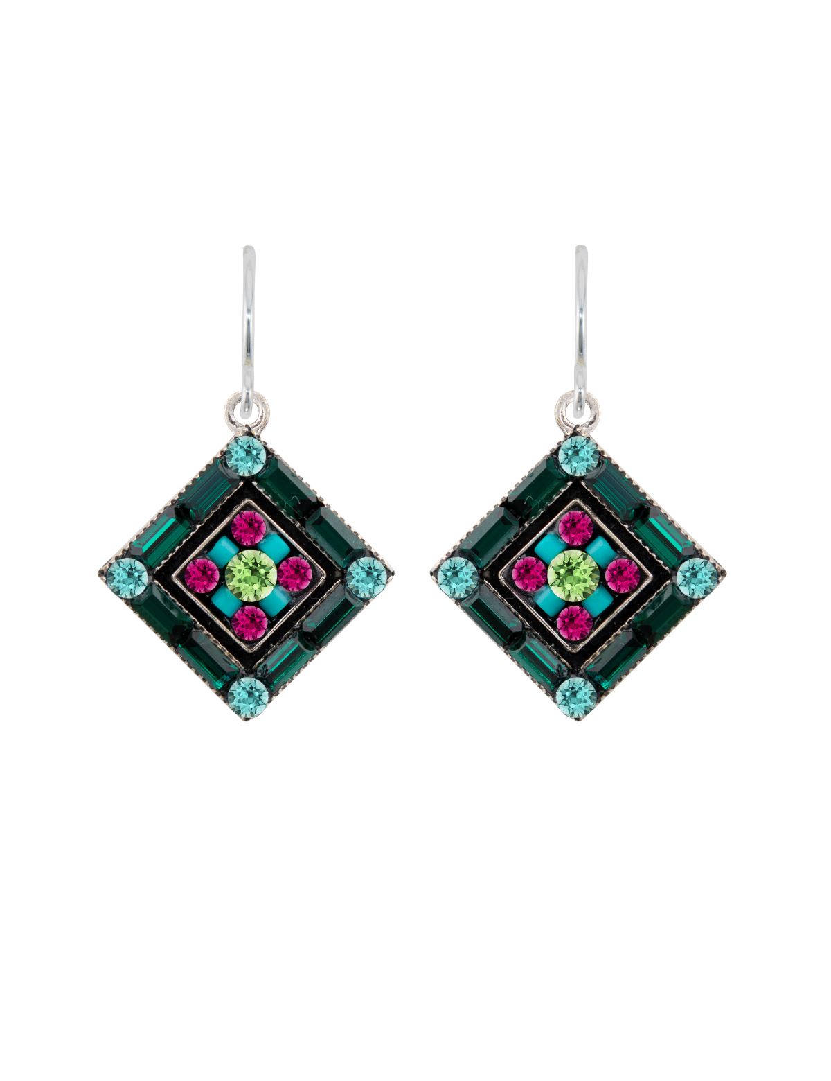 Pair of square-shaped earrings with colorful gemstones on a white background