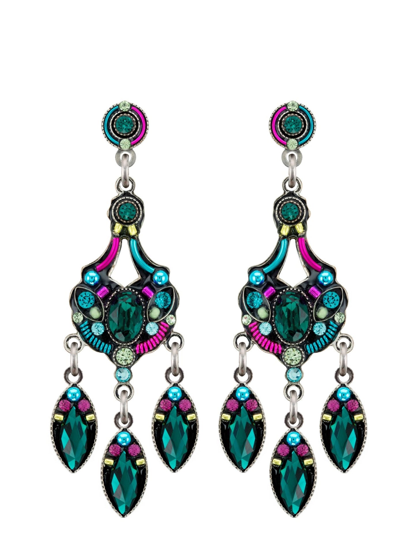 Colorful earrings with green and pink gemstones on a white background