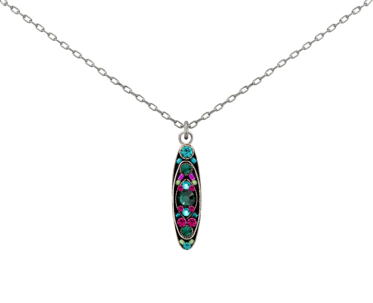 Necklace with a multicolored gemstone pendant on a white background