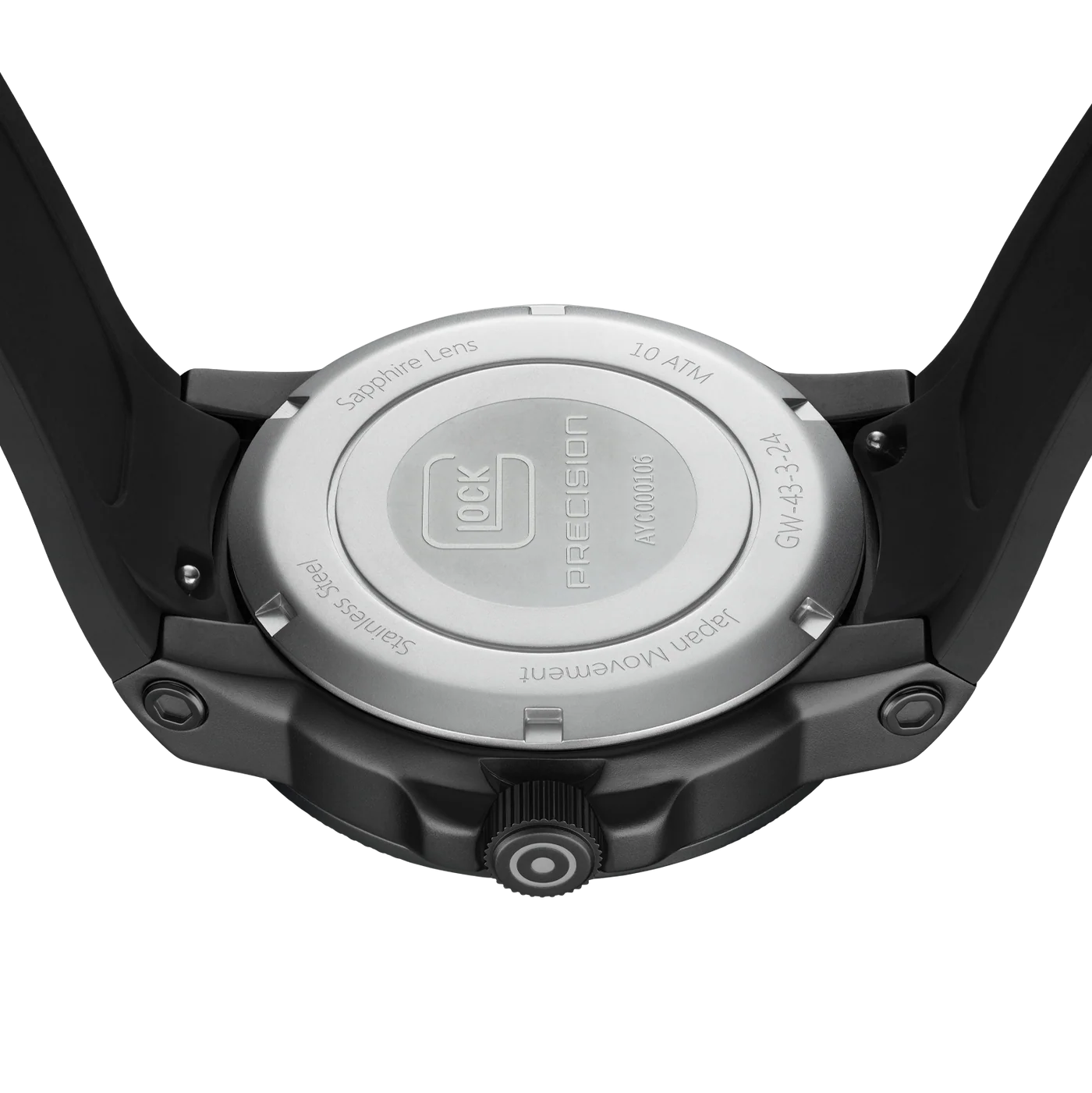 Close-up of the back of a smartwatch with a black silicone strap and a brushed silver metal case cover, showing engraved details and a central logo.