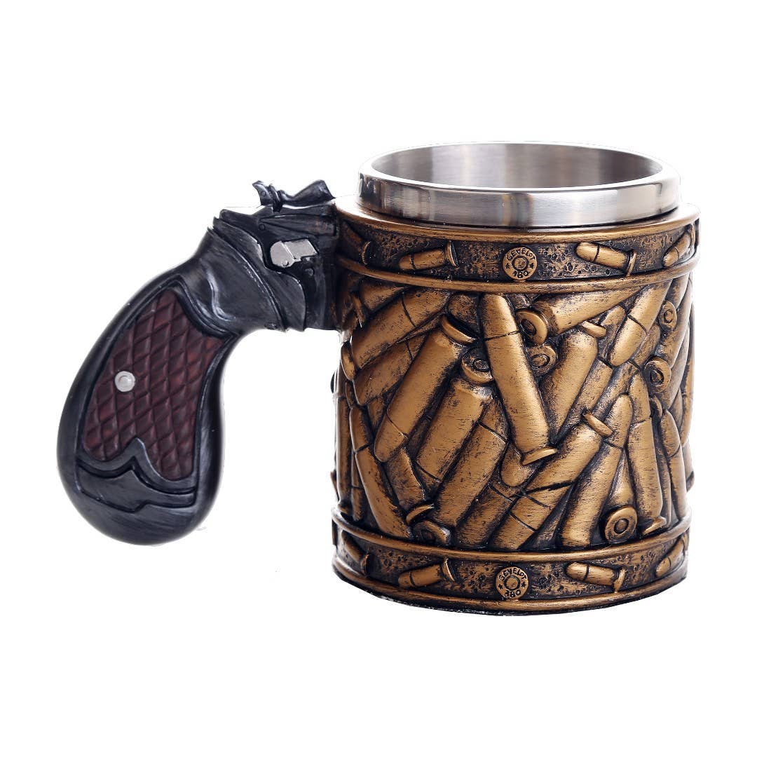 Decorative mug with gun handle and bullet design on a white background