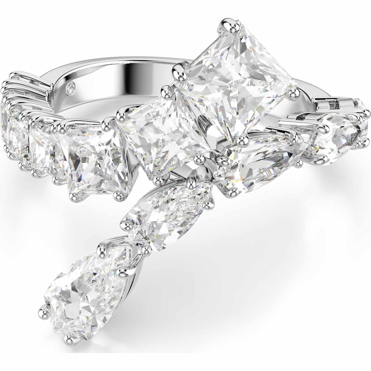 Matrix ring, Mixed cuts, White, Rhodium plated on white background