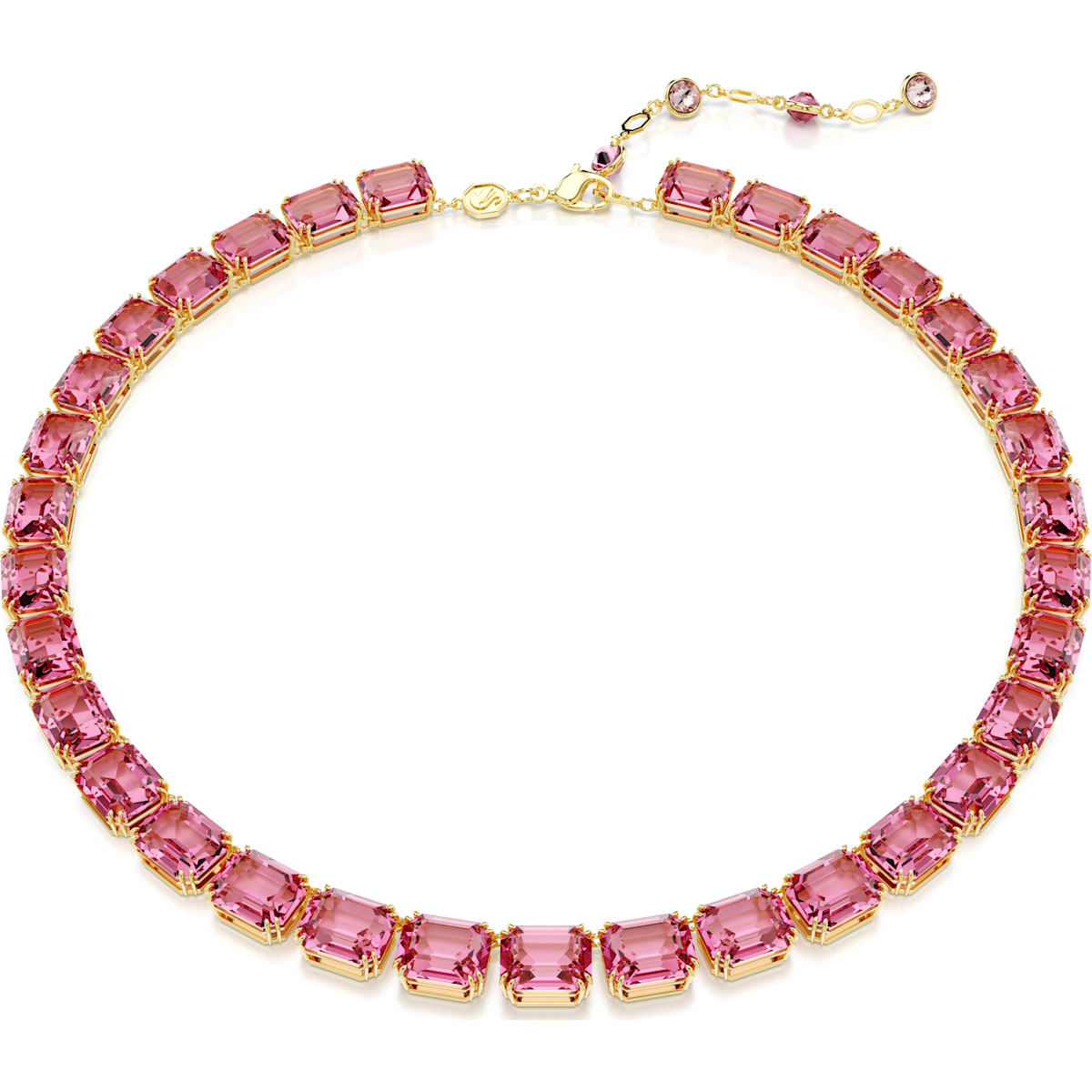 A gold-tone plated necklace with octagon cut pink crystals.