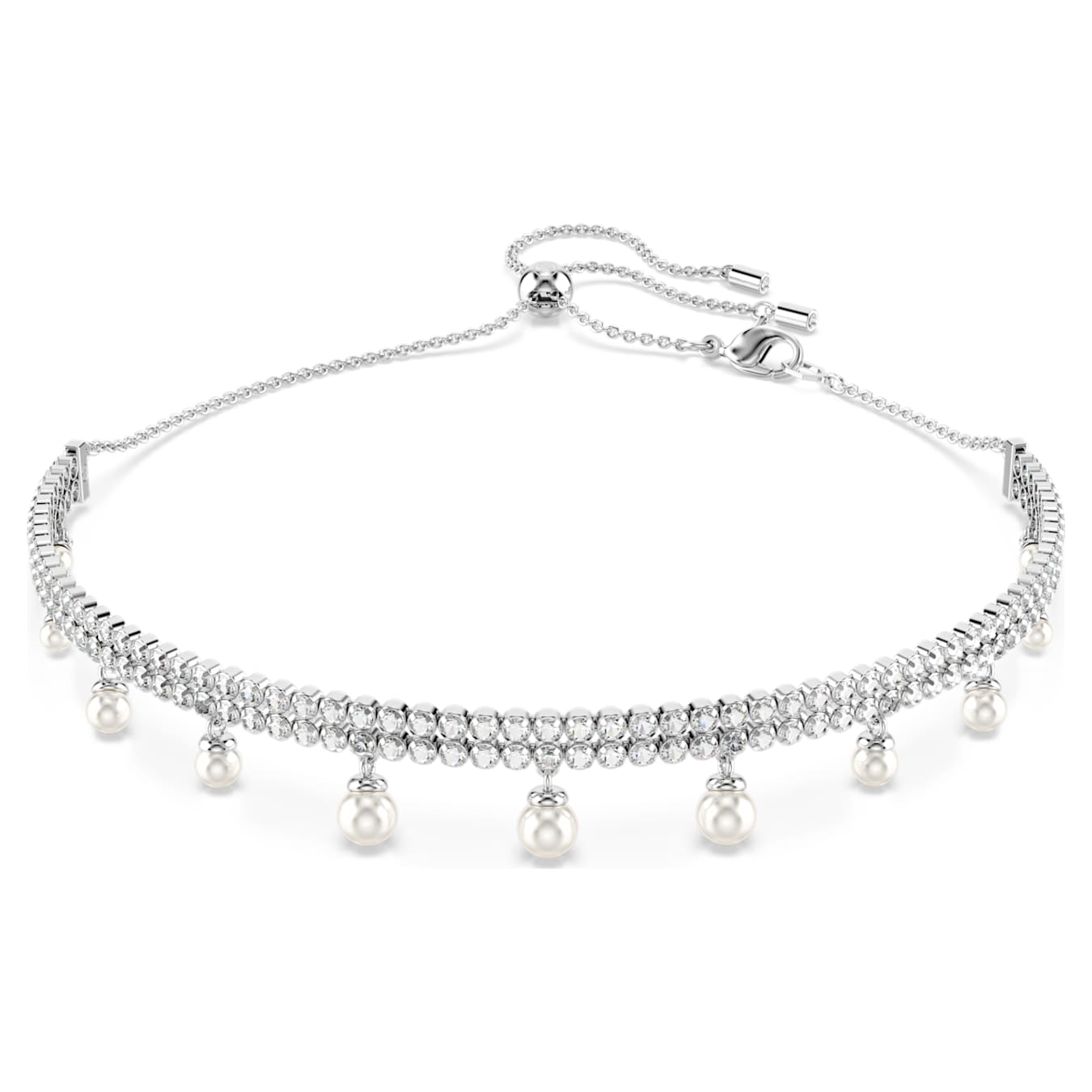 A rhodium plated choker necklace featuring clear Swarovski Zirconia in round cuts and white crystal pearls.