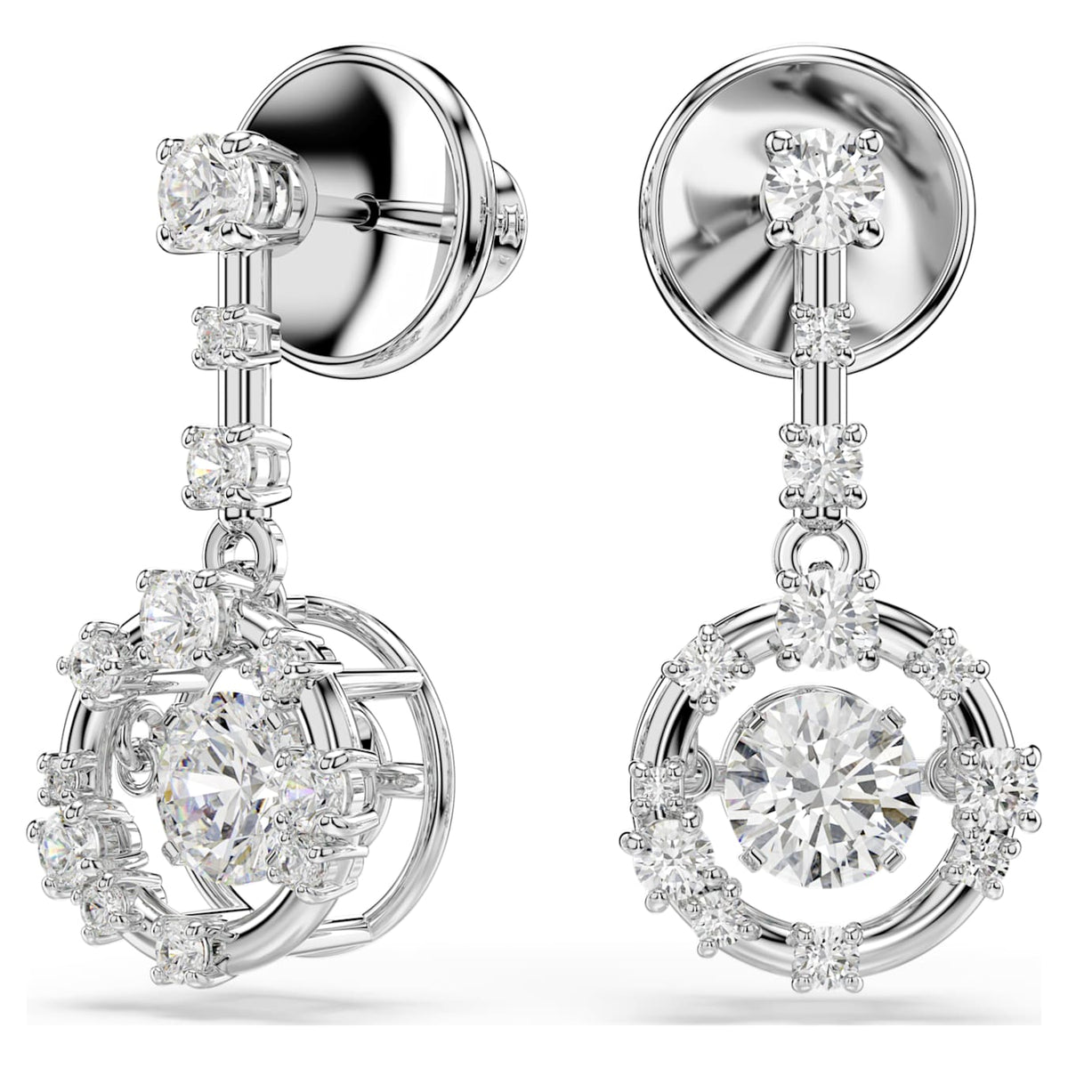 Constella drop earrings, Round cut, Dancing stone, White, Rhodium plated