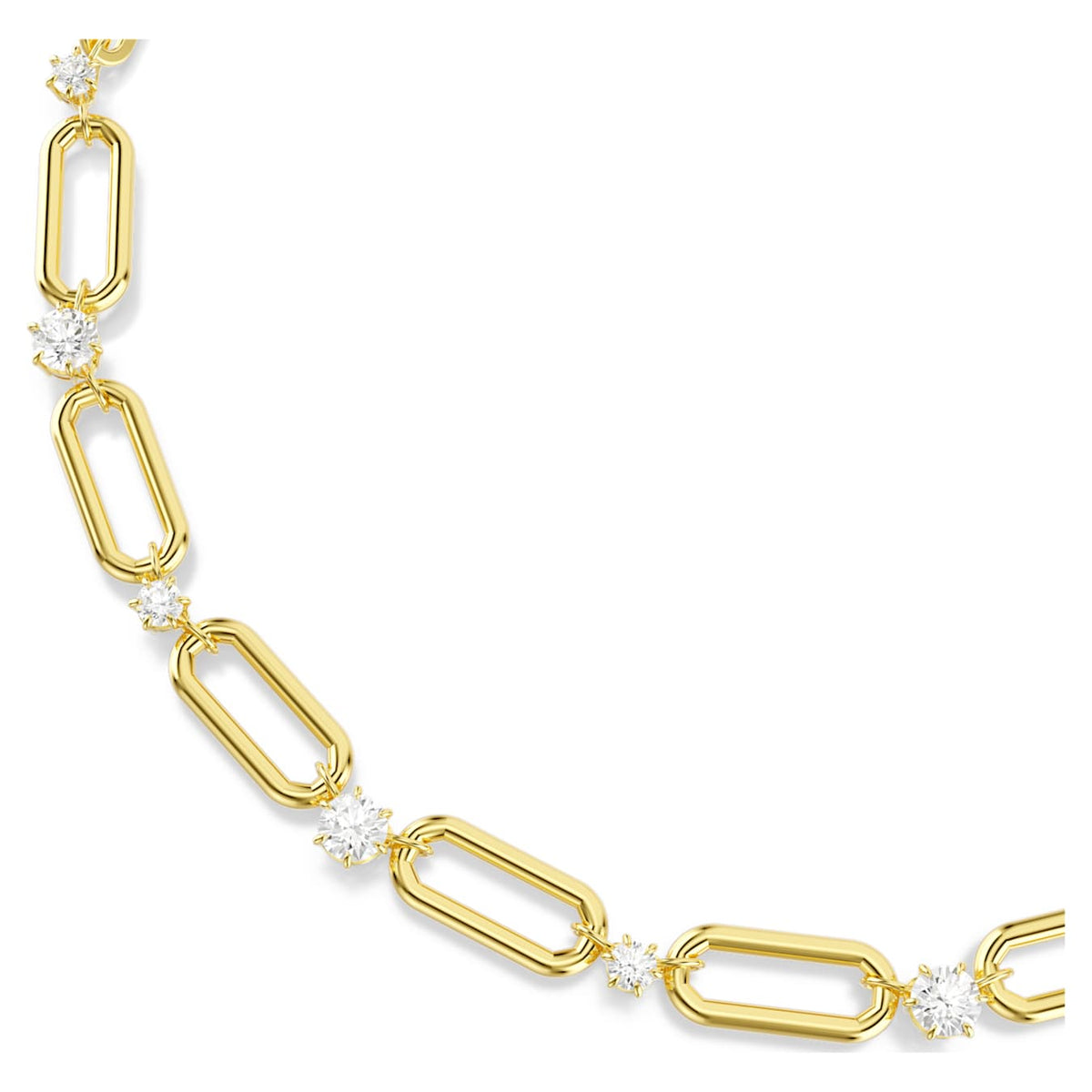 A close up view of gold-tone plated Constella necklace with link chains and crystal embellishments.
