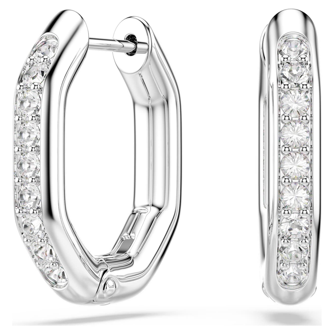 Silver hoop earrings with clear gemstones on a white background