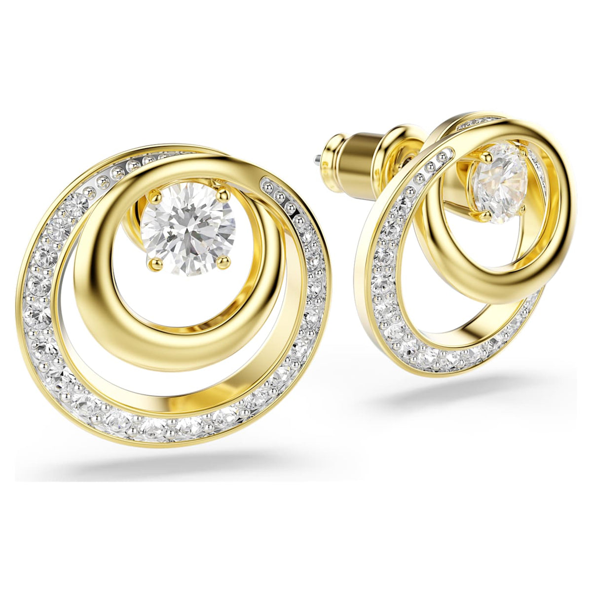 Hyperbola stud earrings, Round cut, White, Gold-tone plated