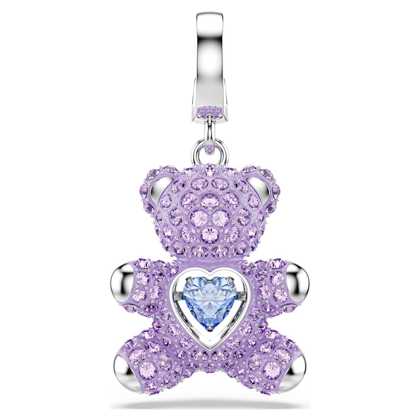 Purple teddy bear charm with a heart-shaped gem on a white background