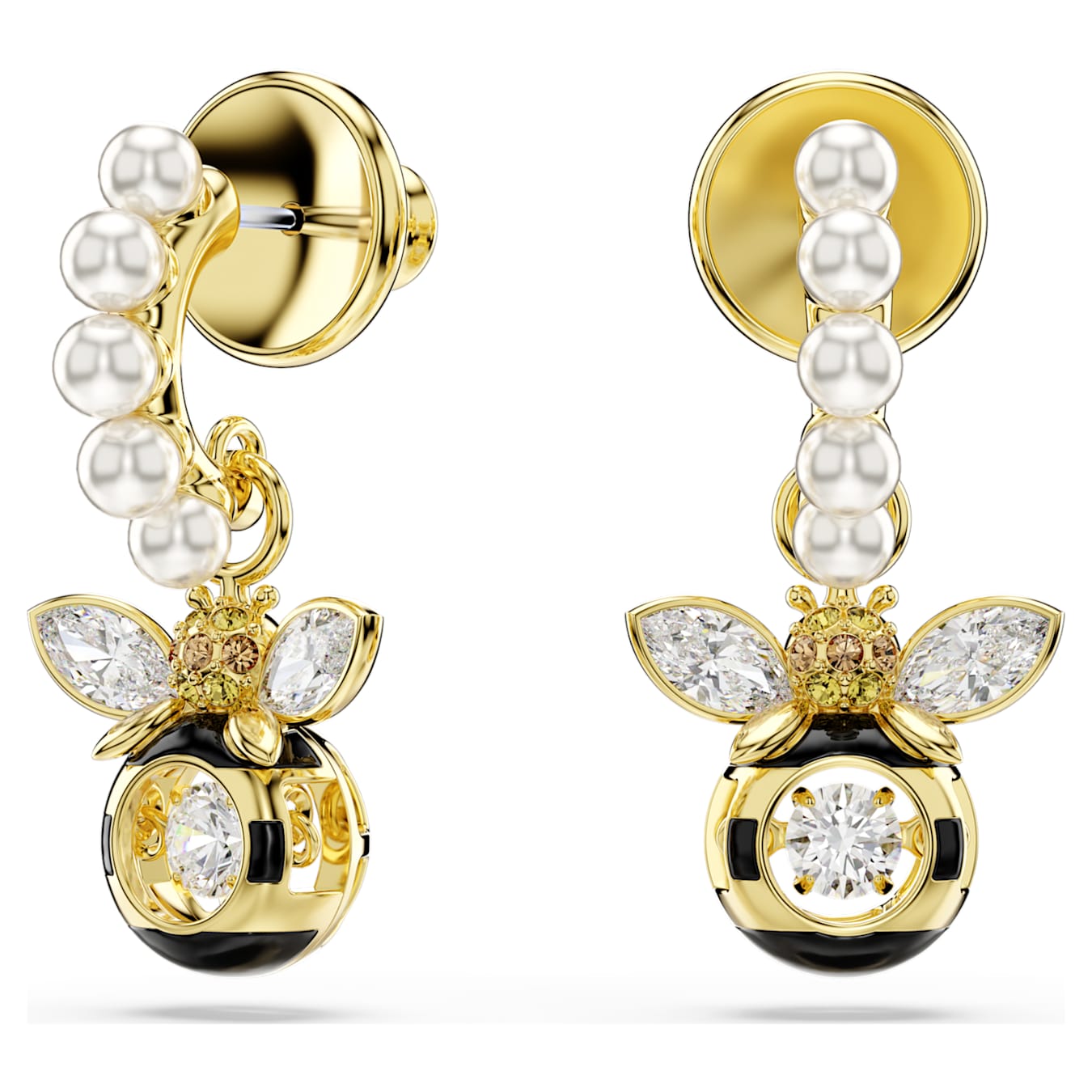 Gold bee-shaped earrings with pearls and gemstones on a white background