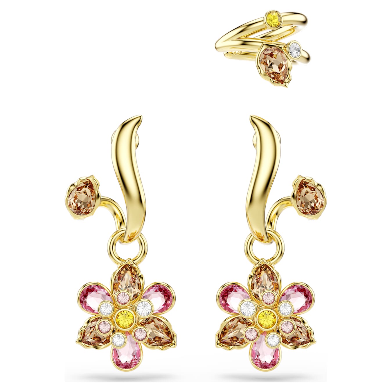 Gold tone earrings with floral design and colorful stones on a white background