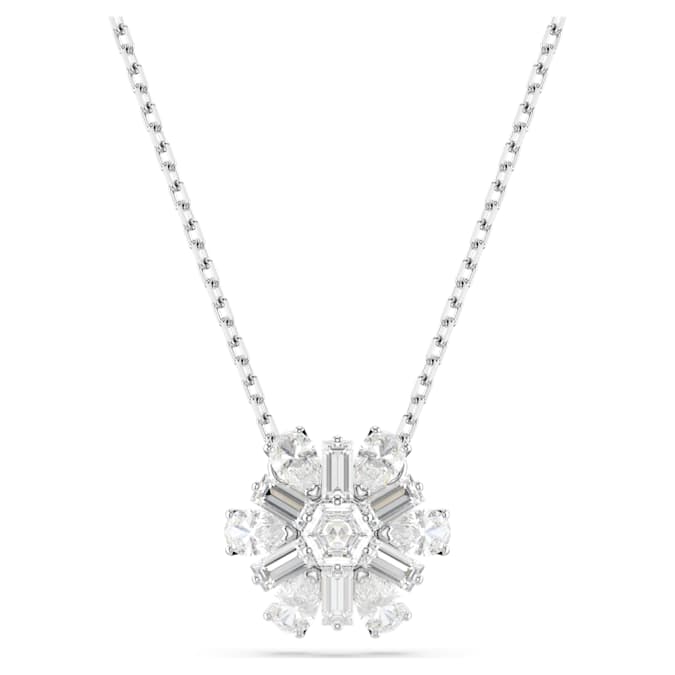 A rhodium plated silver pendant necklace with a snowflake motif crafted from clear prong-set Swarovski Zirconia, suspended from an elegant chain.