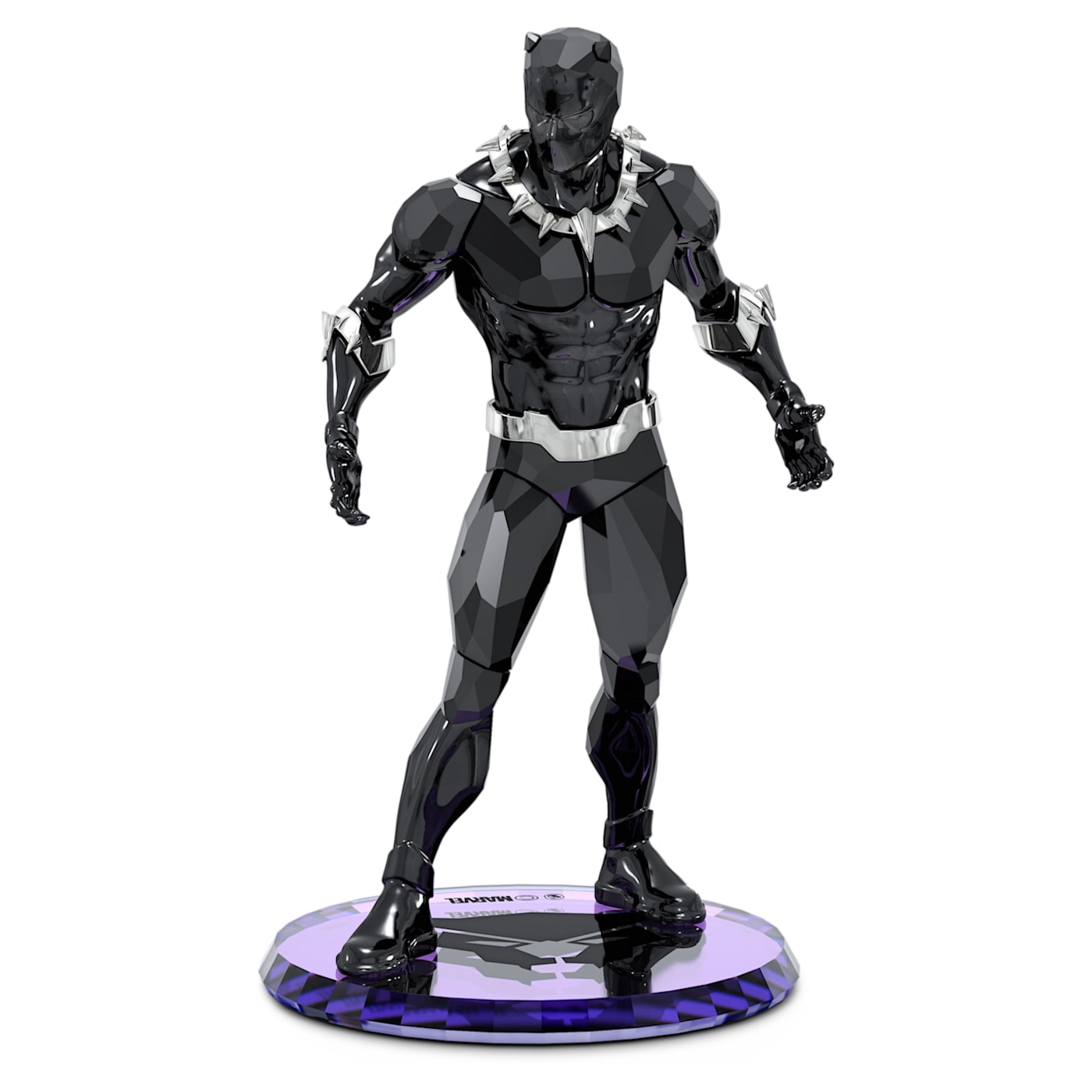 A crystal figurine of Black Panther standing on a purple base, wearing the iconic Vibranium suit with a metal claw necklace.