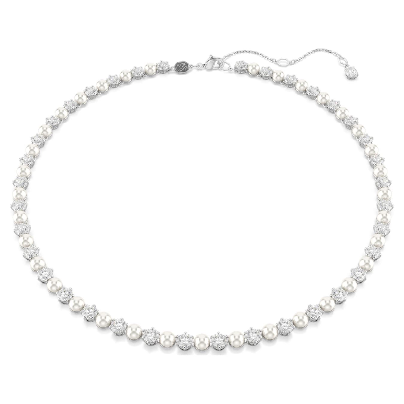 A rhodium plated tennis necklace with white Swarovski crystals and pearls, featuring a lobster clasp.