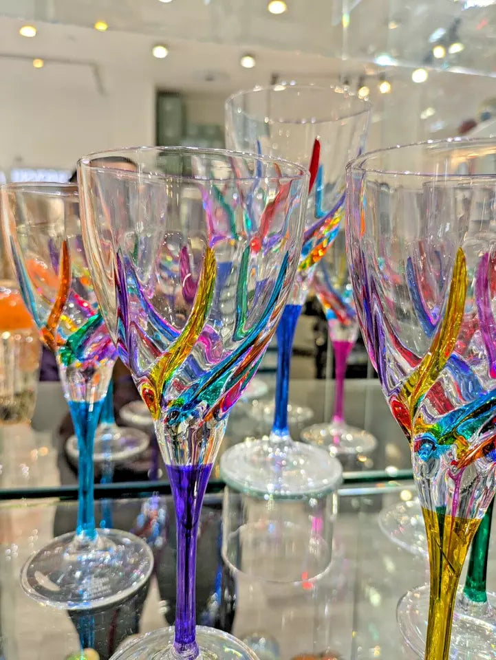 Wine Glass Set of 6 CC ZECCHIN MURANO, Rainbow Swirl Pattern 8-1/8 Wine Glass Set of 6 CC ZECCHIN MURANO, Rainbow Swirl Pattern 8-1/8