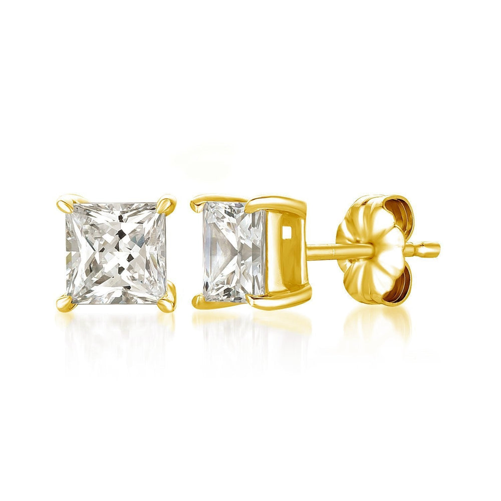 A pair of solitaire princess stud earrings finished in 18kt yellow gold with a total carat weight of 3.0 ctw.