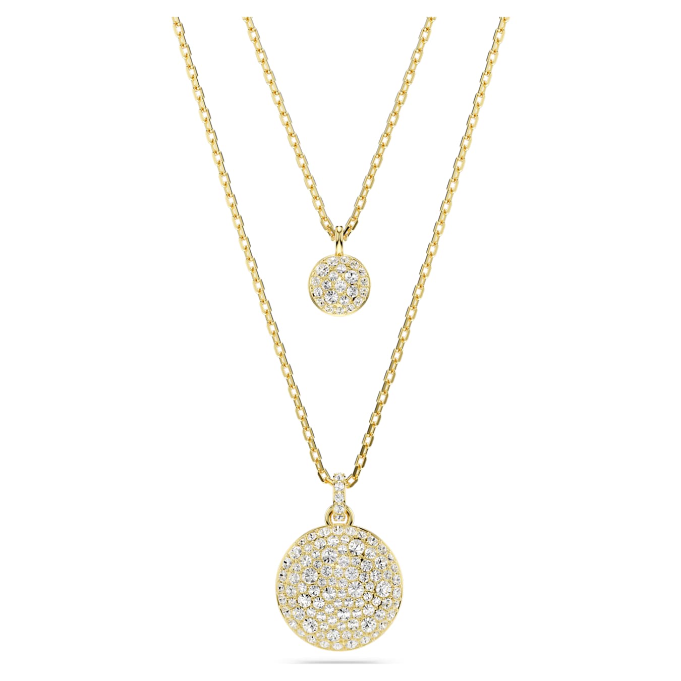 A layered pendant necklace with the top layer featuring a small circular pendant and the bottom layer showcasing a larger, intricate circular pendant, both in gold tone.