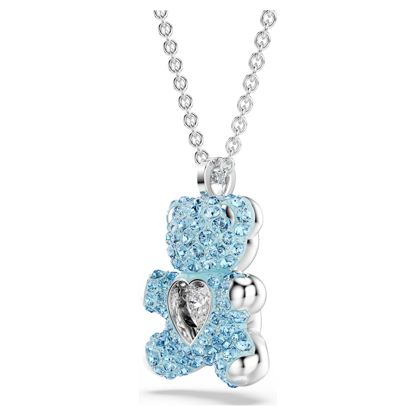 Blue teddy bear pendant with heart detail on a white background
