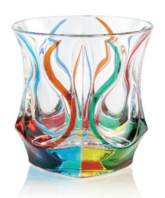 A multicolored, round, artistic glass with a geometric pattern, likely made of Murano glass.