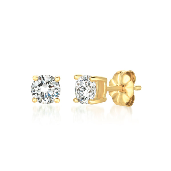 A pair of solitaire brilliant stud earrings finished in 18kt yellow gold with cubic zirconia stones.