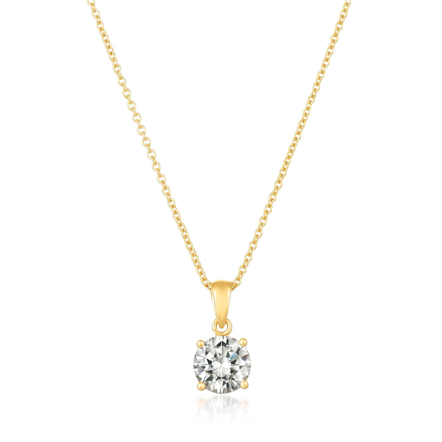 An 18kt yellow gold plated pendant necklace with a single brilliant cut cubic zirconia handset.