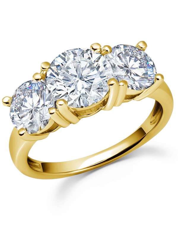 A gold ring featuring three central diamonds surrounded by smaller clear stones, totaling six diamonds.