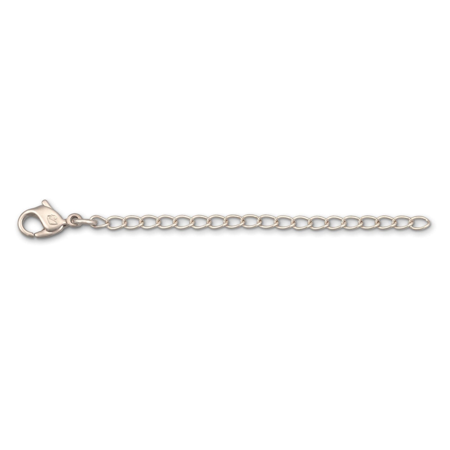 A silver-colored Swarovski chain extender lying on a plain background.