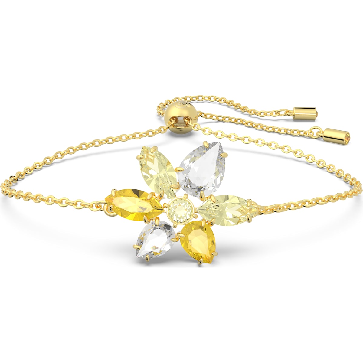 A gold-tone plated bracelet with a flower-shaped charm and mixed cuts of yellow and clear crystals.