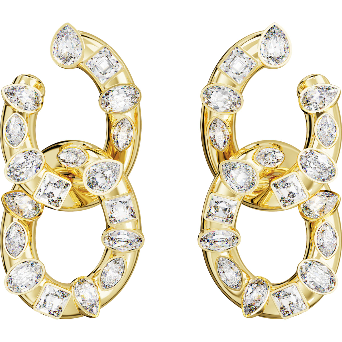 Dextera hoop earrings, Mixed cuts, Interlocking loop, White, Gold-tone plated 5663263