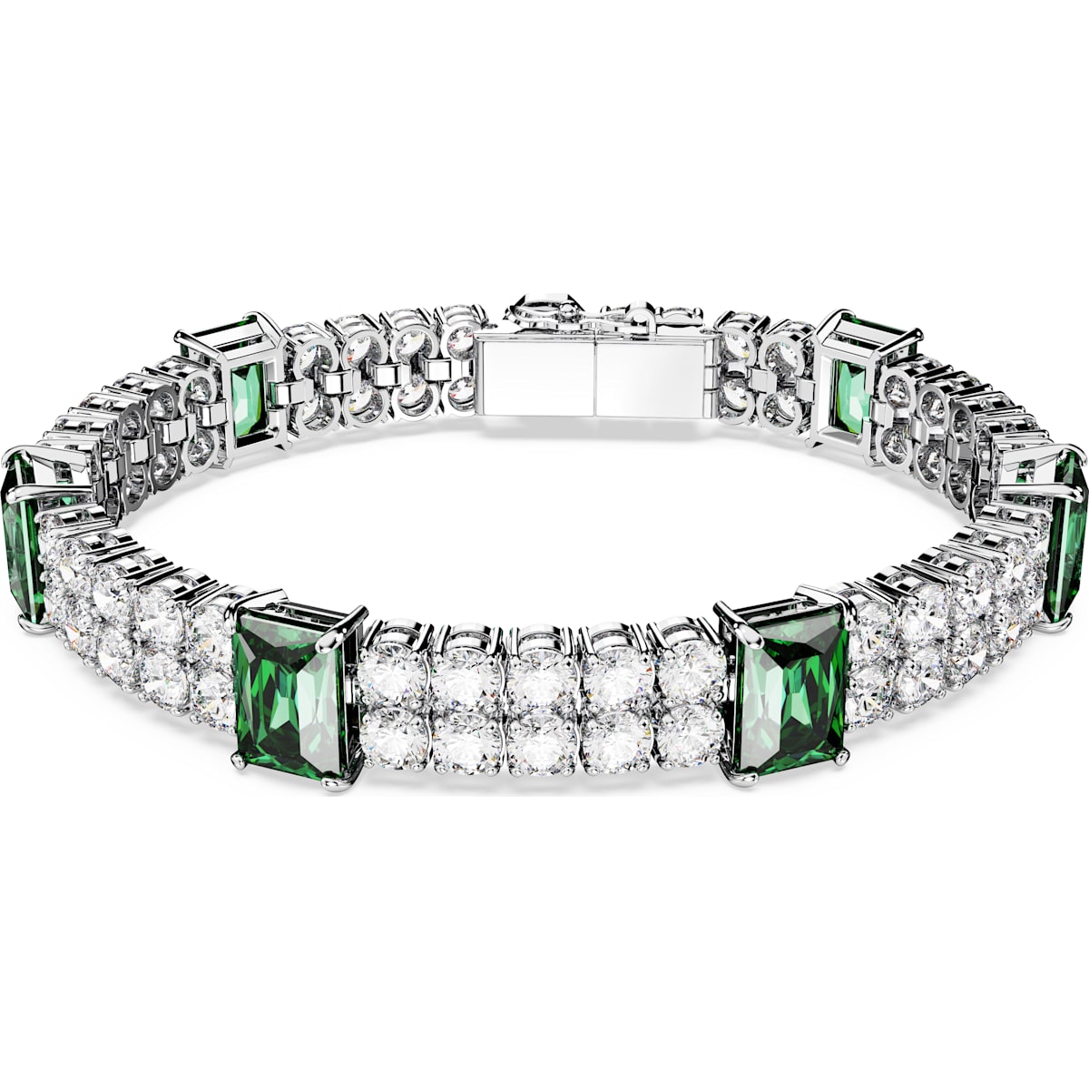 A rhodium-plated tennis bracelet with mixed cuts featuring green and clear crystals.