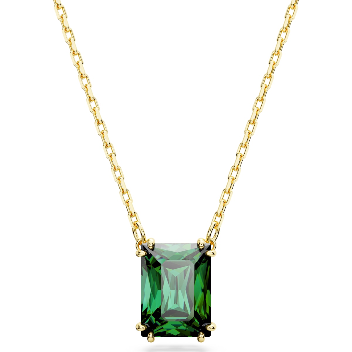 A gold-tone plated necklace with a rectangular cut green pendant.