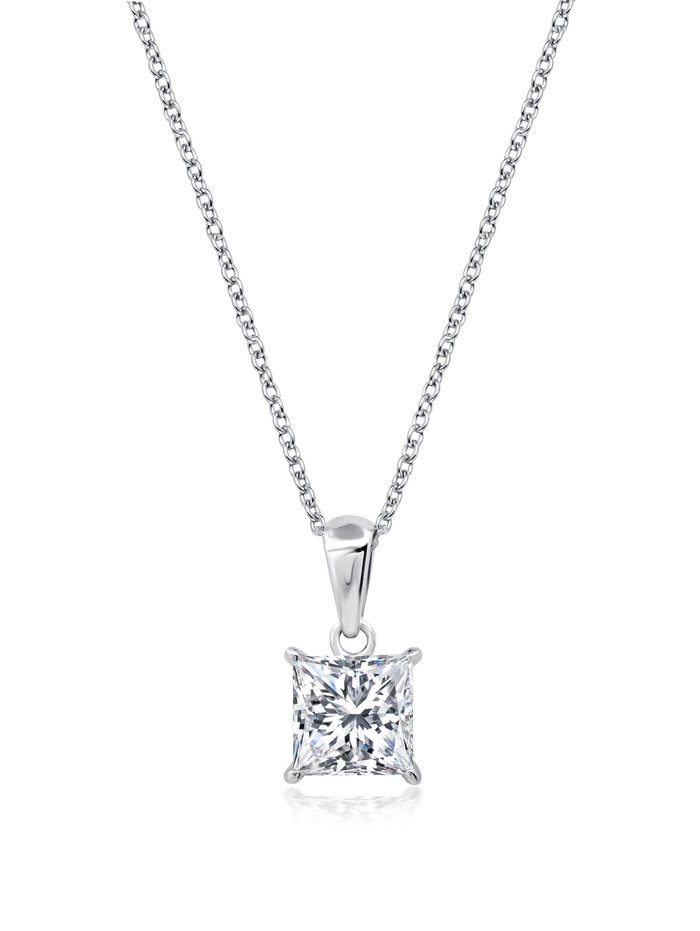 A princess cut solitaire bezel set pendant necklace with a small finish in pure platinum.