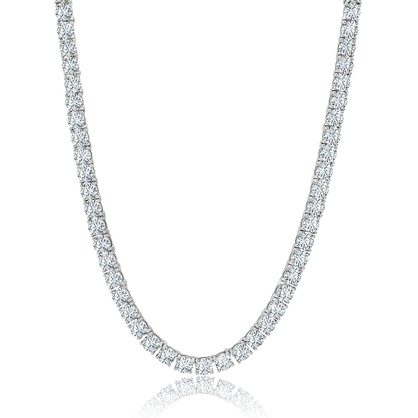 A tennis necklace made of silver with a pure platinum finish, featuring a series of connected cubic zirconia pendants.