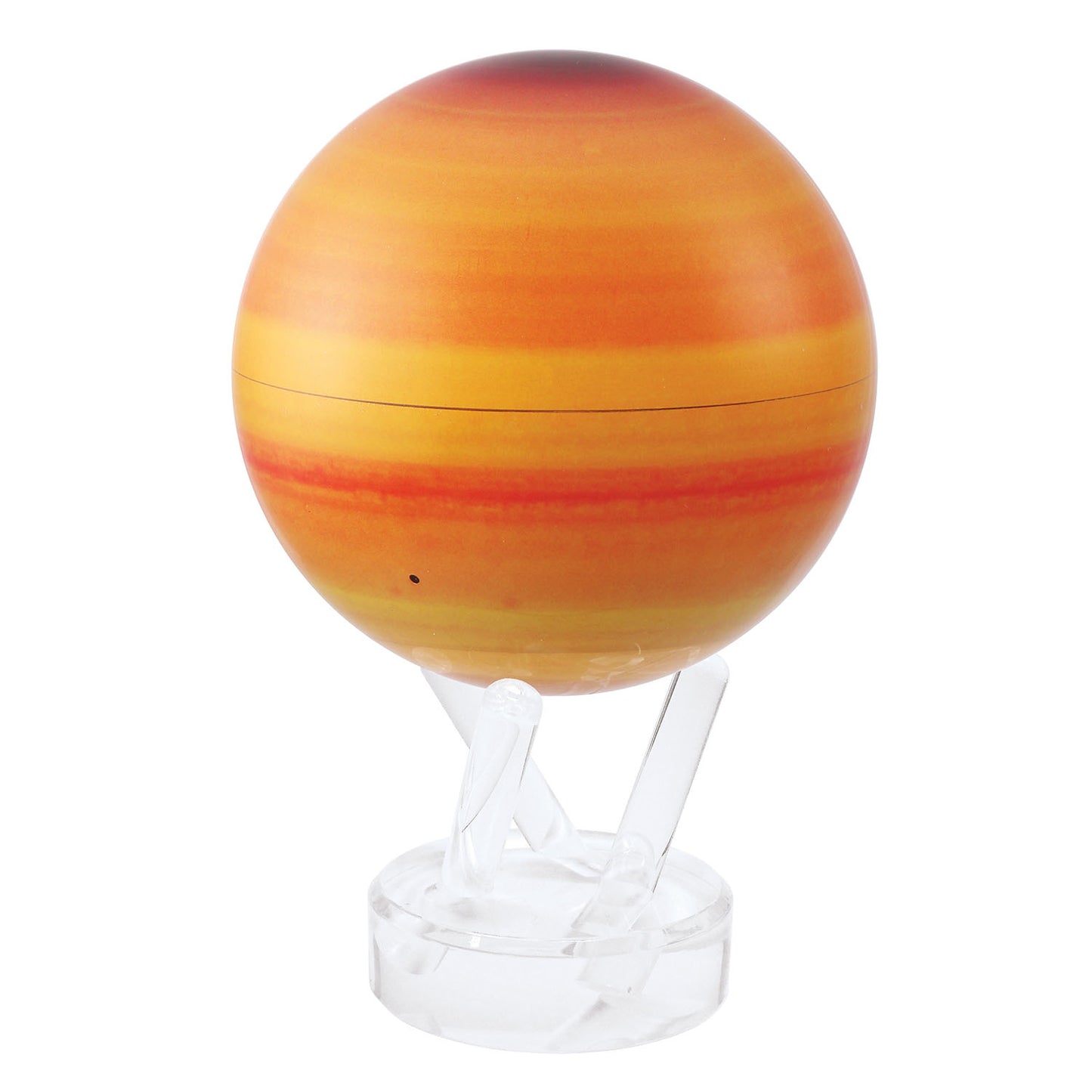 A decorative globe representing the planet Saturn with a multicolored gaseous appearance, placed on a clear stand.